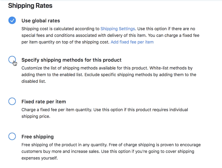 Specify shipping methods for product