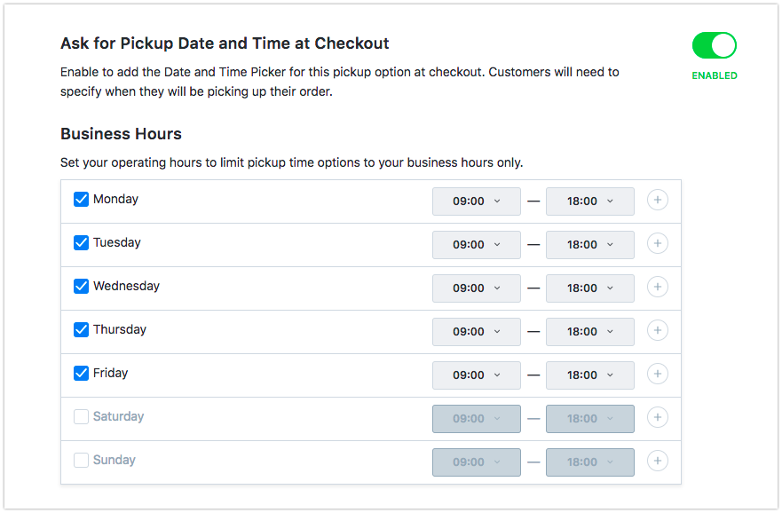Set the dates and time when pickup is available